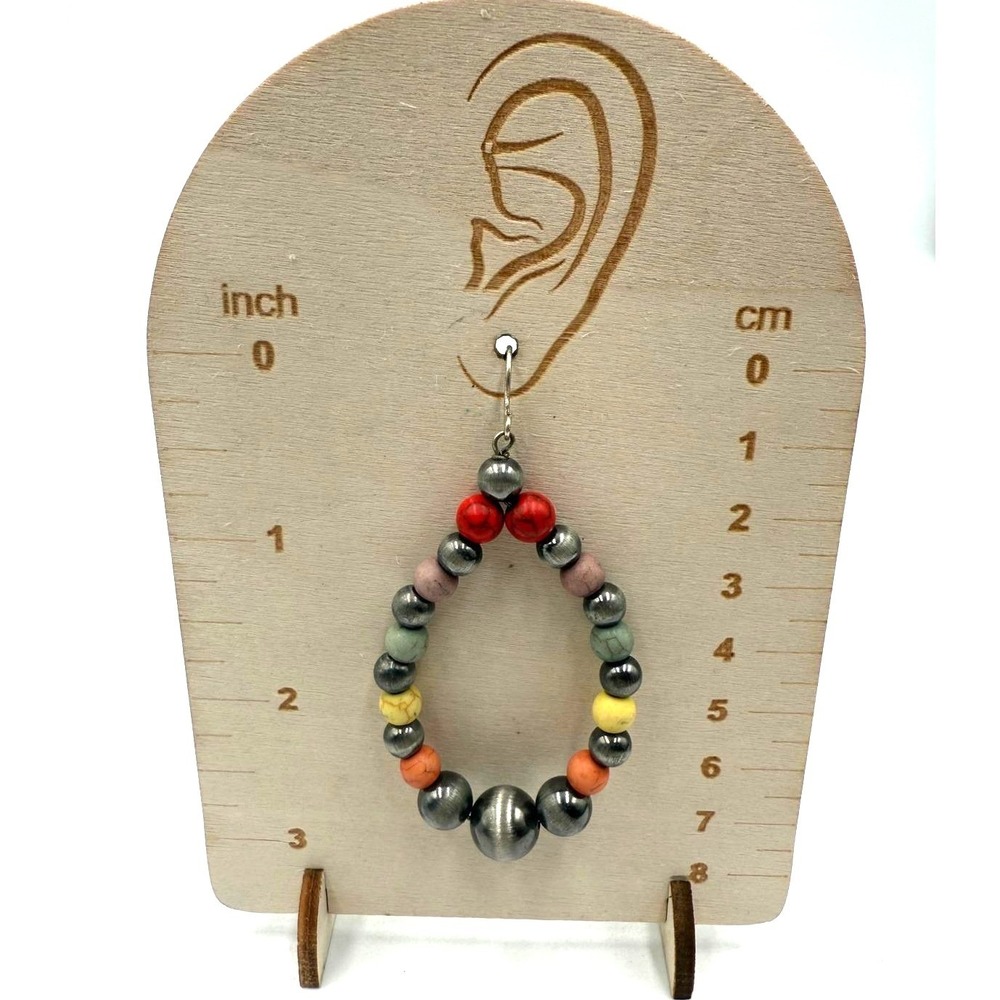 Multi-Color Stone Bead Teardrop Hoop Earrings Silver Tone Southwestern Boho
